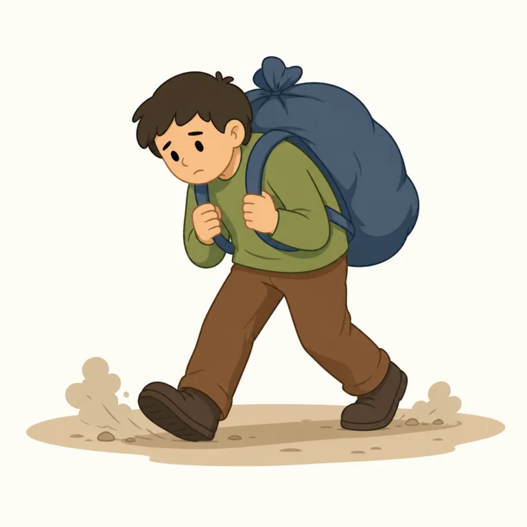 trudge（とぼとぼと歩く・動詞）の覚え方イラスト — trudge は、まず「普通に歩く」walk ではなく、疲れて重い足取りで進む場面に結びつけると残りやすいです