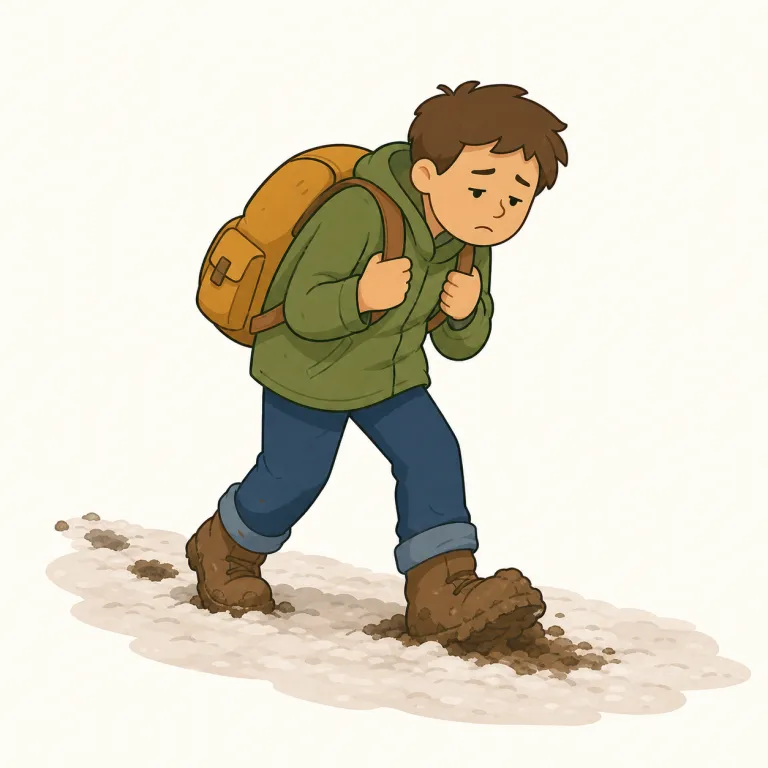 trudging（とぼとぼと歩いている・動詞）の覚え方イラスト — まず普通の "walk" ではなく、もっと足取りが重い動きだと押さえる