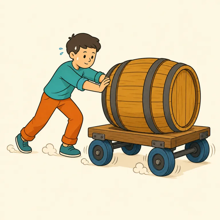 trundle（ごろごろ転がして運ぶ、重そうに進む・動詞）の覚え方イラスト — まず roll と比べると覚えやすい語です
