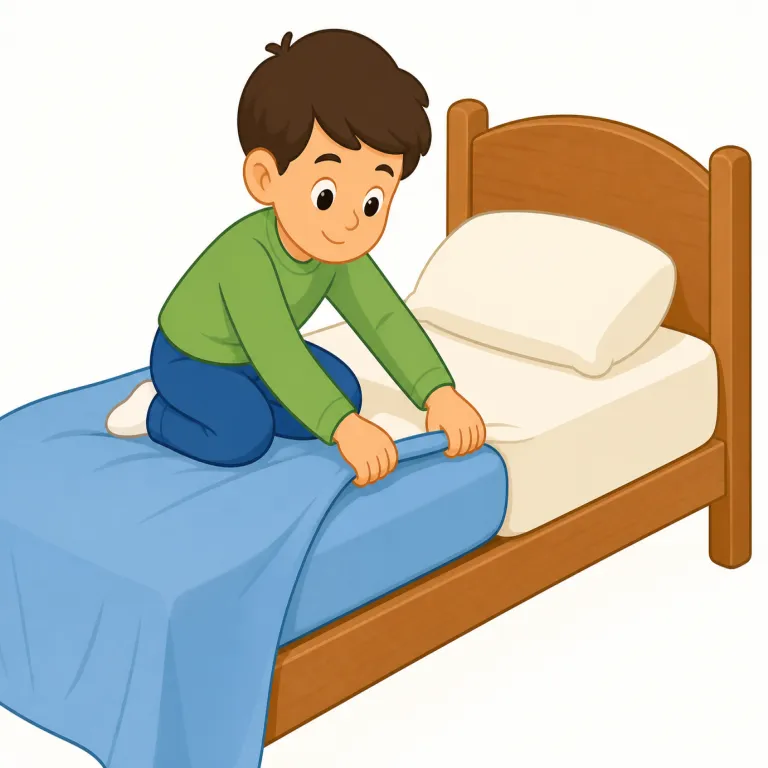 tuck（押し込む・動詞）の覚え方イラスト — tuck は put や push より「端や余白を、見えにくい所へきちんと収める」感じ