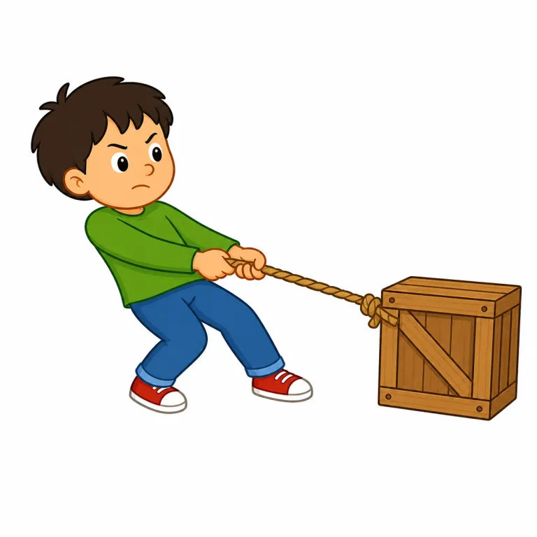 tug（ぐっと引く・動詞）の覚え方イラスト — pull が一般的な「引く」なら、tug はそれより短く、力をこめてぐっと引く動詞です