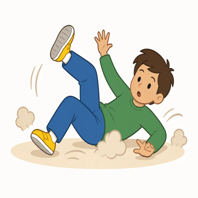 tumble（転ぶ・動詞）の覚え方イラスト — tumble は、人が足を取られたりバランスを失ったりして「転ぶ」場面で覚えます