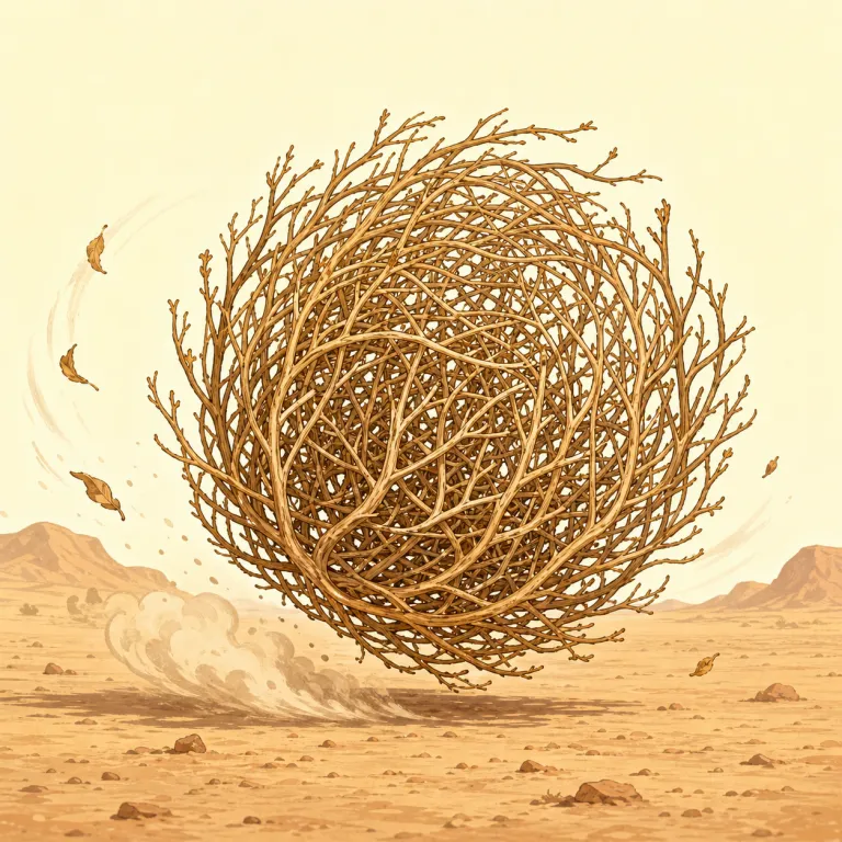 tumbleweed（回転草・名詞）の覚え方イラスト — tumble は「ごろごろ転がる」、weed は「雑草」