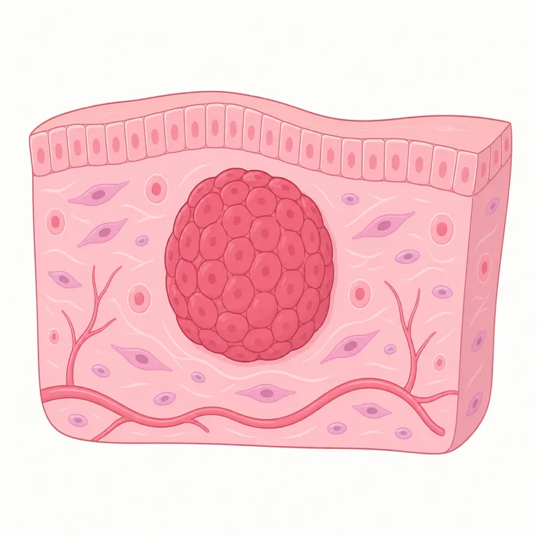 tumor（腫瘍・名詞）の覚え方イラスト — この tumor は日常的な「できもの」よりも、医学文脈の「腫瘍」として覚える項目です