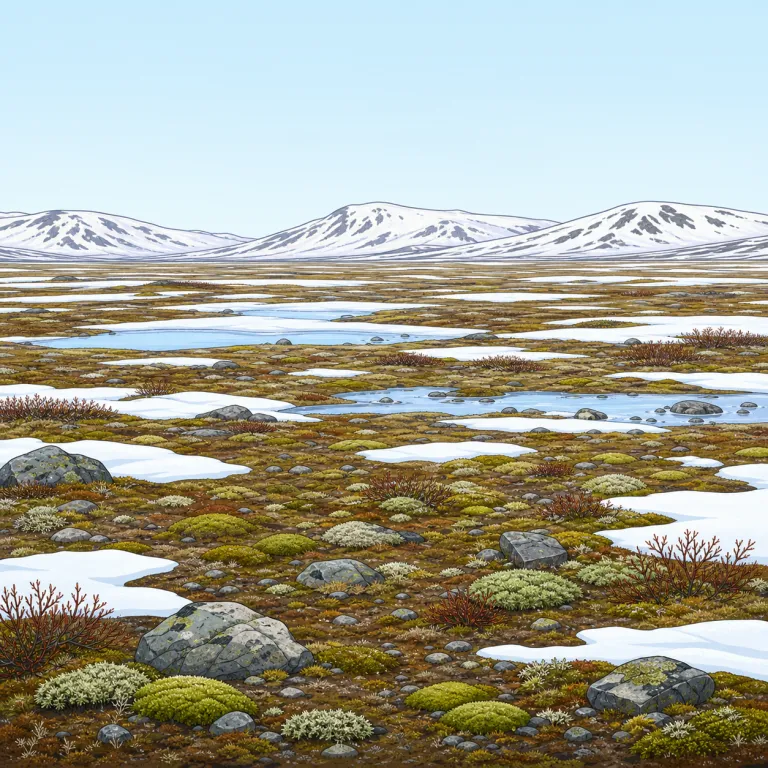 tundra（ツンドラ・名詞）の覚え方イラスト — 覚えるときは、まず定番の組み合わせ `arctic tundra` をひとかたまりで入れると定着しやすいです