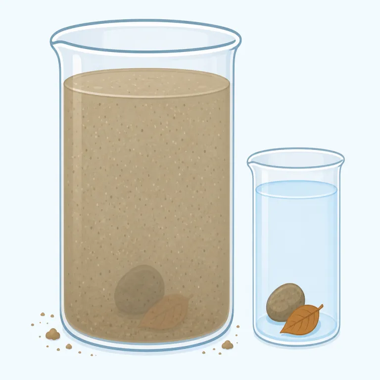 turbidity（濁り・名詞）の覚え方イラスト — このエントリでは turbidity を、測定値としての「濁度」ではなく、液体が澄まずに曇って見える「濁り」という状態として押さえます
