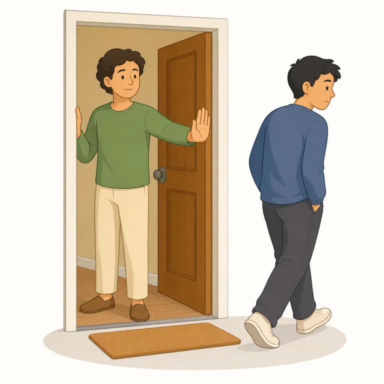 turn away（目をそらす・句動詞）の覚え方イラスト — turn=向きを変える、away=離れていく、と分けて見ると覚えやすい句動詞です