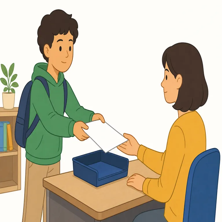 turn in（提出する・句動詞）の覚え方イラスト — 提出の turn in は、物や書類を「しかるべき場所の中へ回して入れる」と考えると覚えやすいです
