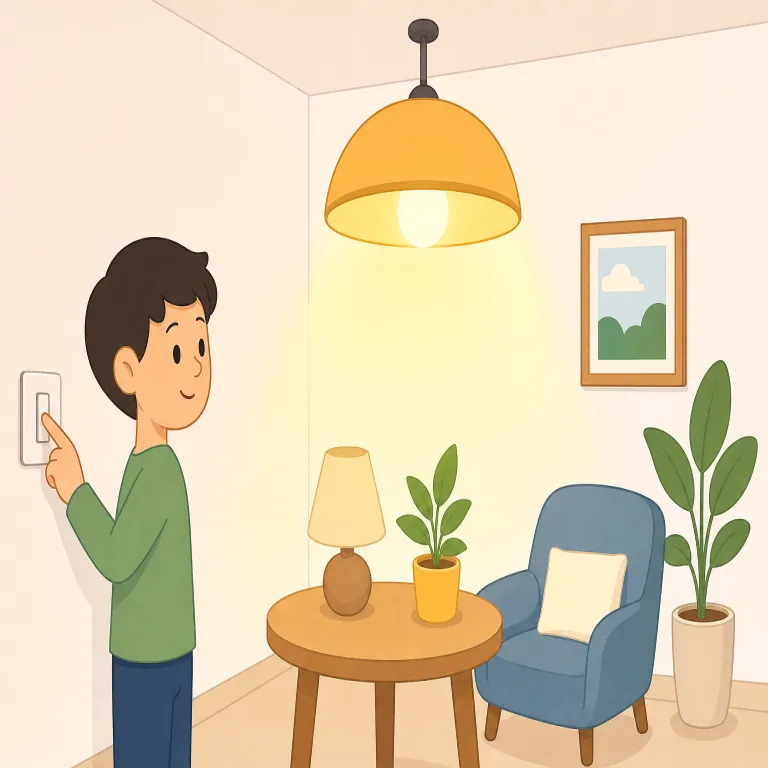 turn on the light, please（電気をつけてください）の覚え方イラスト — まず turn on をひとかたまりで覚えると速いです