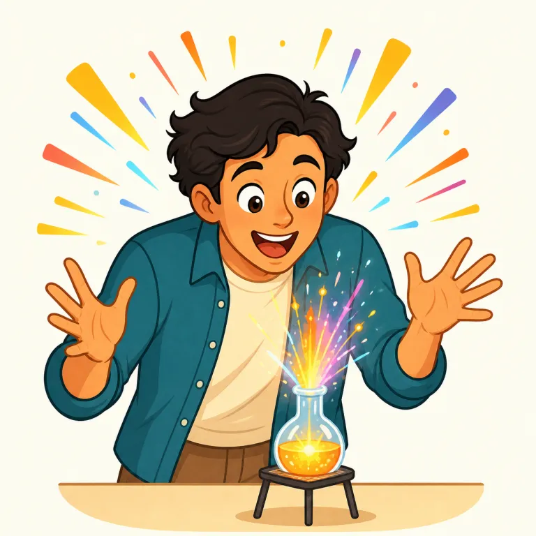 turn on（興味をそそる・句動詞）の覚え方イラスト — 科学への関心のスイッチが入るイメージ