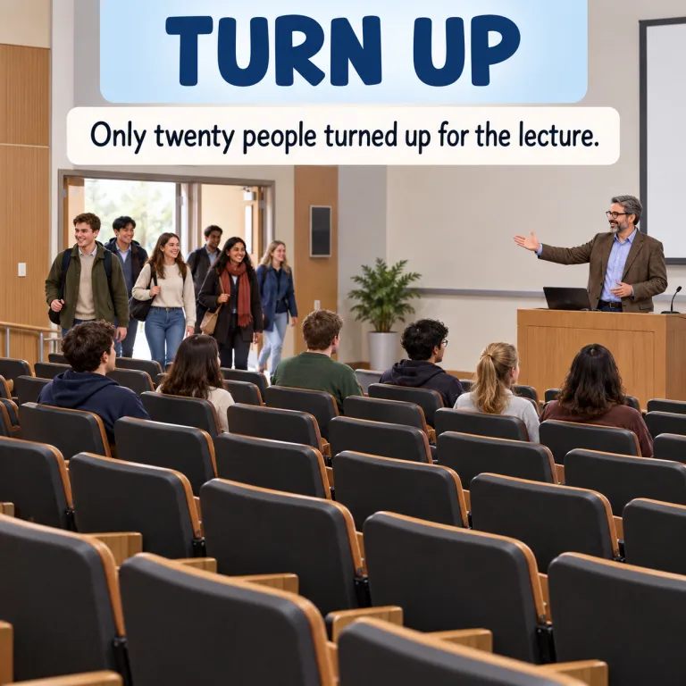 turn up（現れる・phrasal_verb）の覚え方イラスト