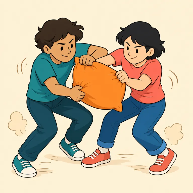 tussle（取っ組み合い・名詞）の覚え方イラスト — tussle は髪や服が乱れるような「もみ合い」から、取っ組み合いや激しい小競り合いを表す名詞です