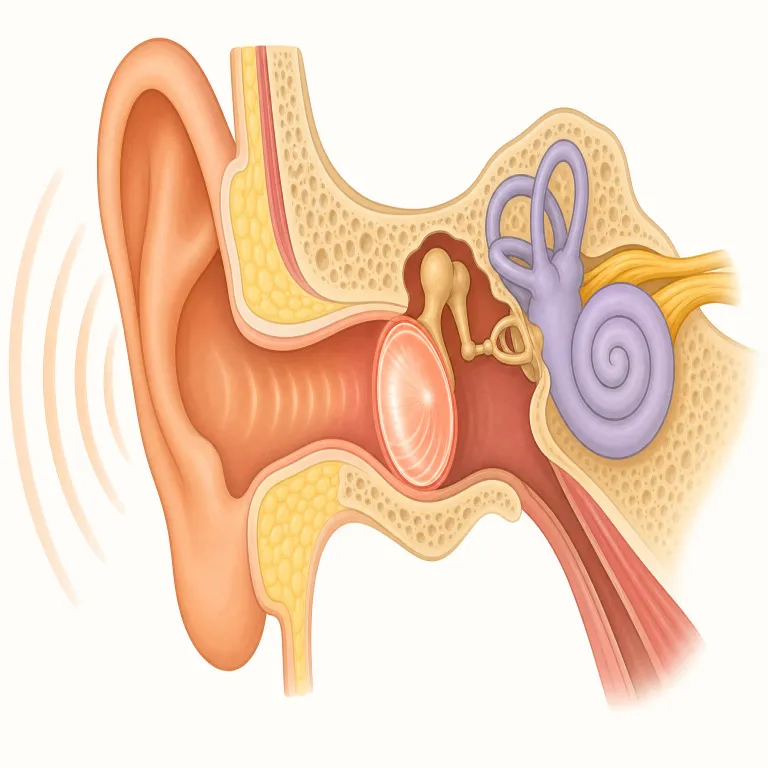 tympanic（鼓膜の・形容詞）の覚え方イラスト — 医療英語では単独より、tympanic membrane（鼓膜）、tympanic cavity（鼓室）、tympanic perforation（鼓膜穿孔）の形で出会うことが多い…