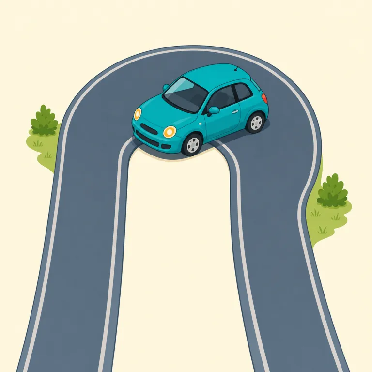 u-turn（Uターン・名詞）の覚え方イラスト — 車が曲がる軌跡を上から見るとアルファベットの U になる、とそのまま視覚化すると覚えやすいです