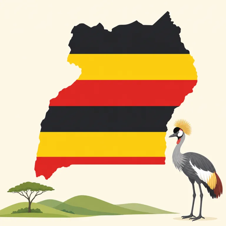 ugandan（ウガンダの・形容詞）の覚え方イラスト — 国名に -an が付いて「〜の」を作る形の一つとして覚えると定着しやすい