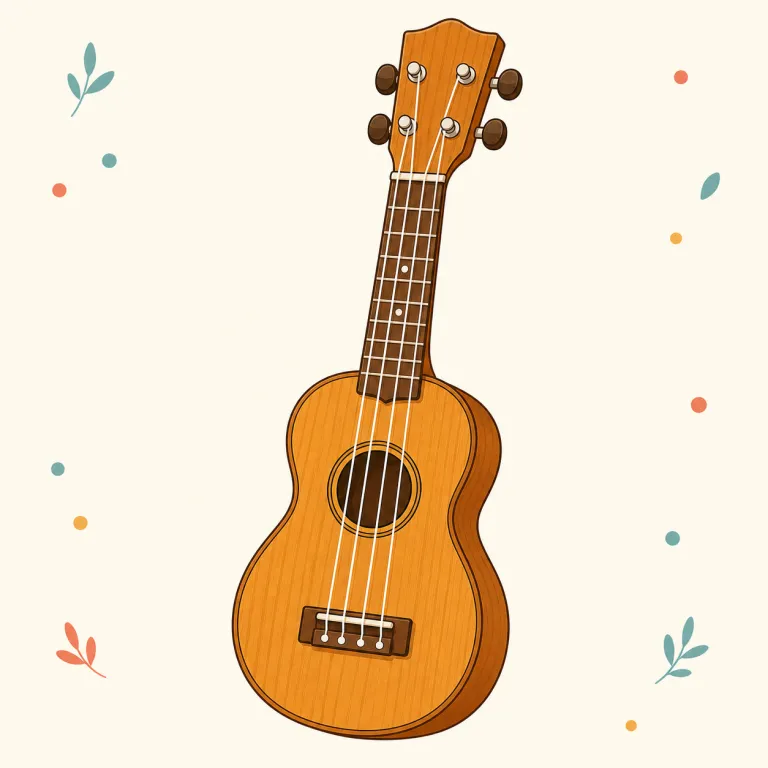 ukulele（ウクレレ・名詞）の覚え方イラスト — guitar を知っていれば、"ukulele" は“ギターよりずっと小さく、弦が6本ではなく4本で、音が軽く明るい親戚”として覚えると残りやすいです