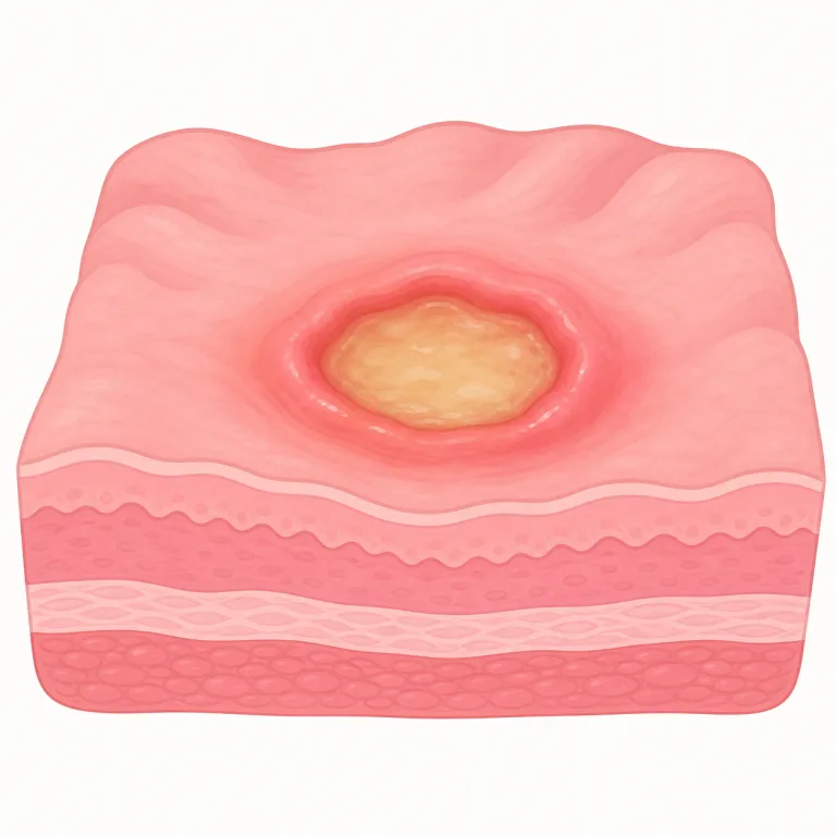 ulcer（潰瘍・名詞）の覚え方イラスト — ulcer は単なる cut や wound ではなく、皮膚・粘膜が内側からえぐれて治りにくい「ただれた傷」を指す語として覚えると残りやすい
