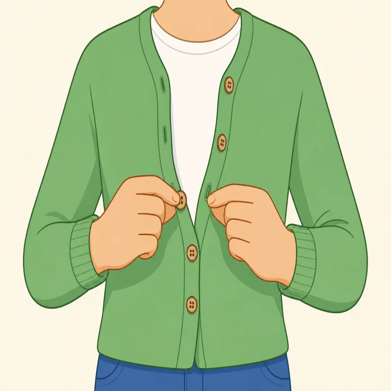 unbutton（ボタンを外す・動詞）の覚え方イラスト — button が「ボタン」だと分かれば、un- は「外す・反対にする」で、unbutton は「ボタン状態をほどく」と考えると覚えやすいです