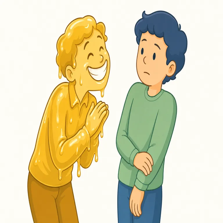 unctuous（お世辞たらたらの、へつらう・形容詞）の覚え方イラスト — まず "smooth / oily / slick" の仲間っぽい語感で捉えると覚えやすい語です
