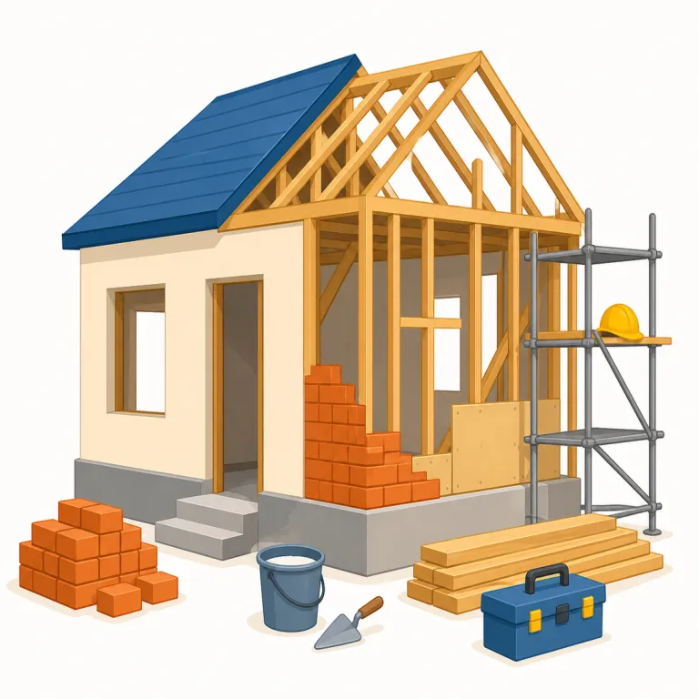 under construction（建設中・イディオム）の覚え方イラスト — under construction は under「下で」+ construction「建設」から、建物や道路がまだ作業の途中にある状態を表します