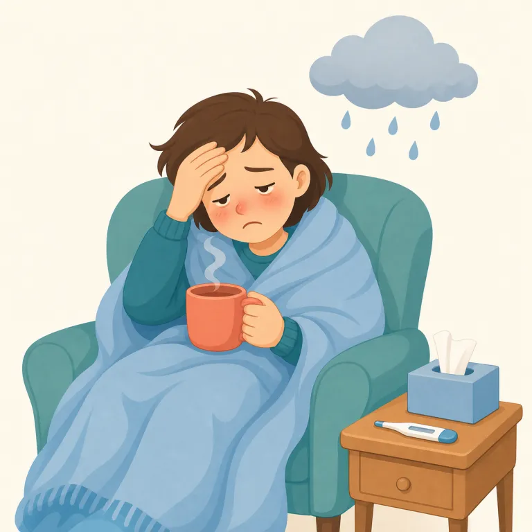 under the weather（体調が悪い・イディオム）の覚え方イラスト — under は「下に」、weather は「天気・空模様」