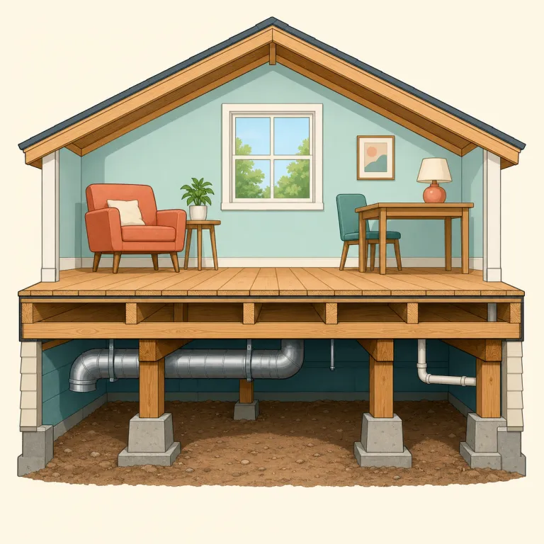underfloor（床下の・形容詞）の覚え方イラスト — underfloor は「床の下にある性質」を後ろの名詞に付ける語として覚えます