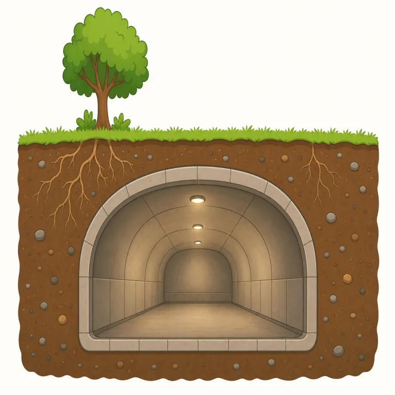 underground（地下の・形容詞）の覚え方イラスト — under「下」+ ground「地面」と考えると、まず「地面の下に配置された」という字義どおりのイメージで覚えられます