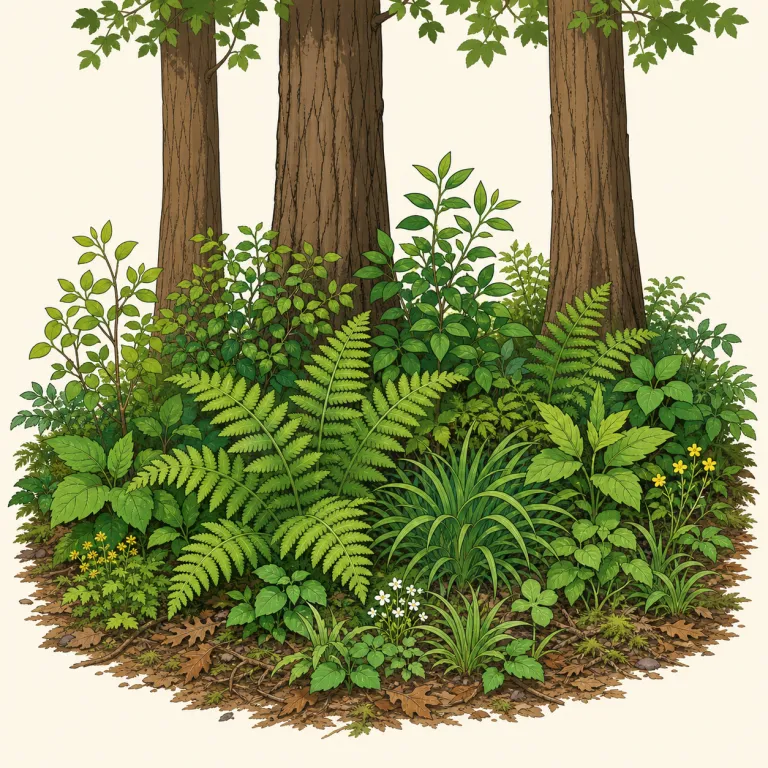 undergrowth（下草・名詞）の覚え方イラスト — under + growth で「下にある生い茂り」と分けて覚えると定着しやすい語です