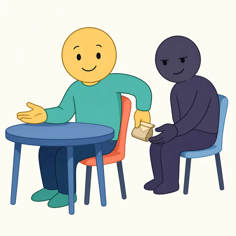 underhand（不正な、こそこそした・形容詞）の覚え方イラスト — 机の下で手を動かして、こっそり何かをしている場面を思い浮かべましょう
