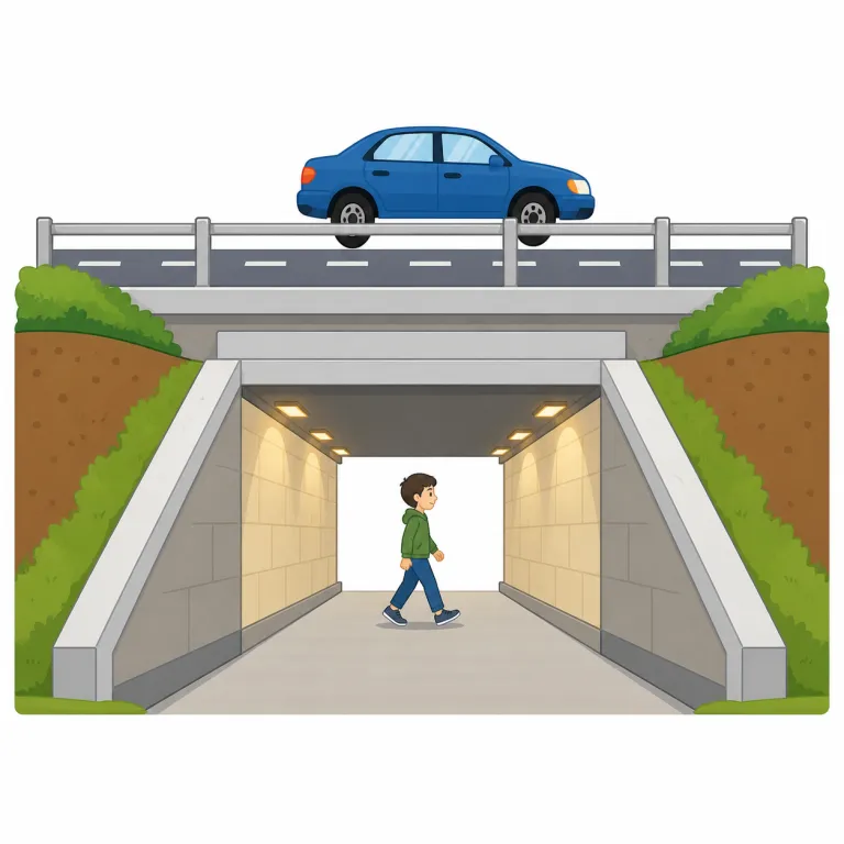 underpass（地下道・名詞）の覚え方イラスト — under + pass で「下を通って抜ける場所」と分解すると覚えやすいです