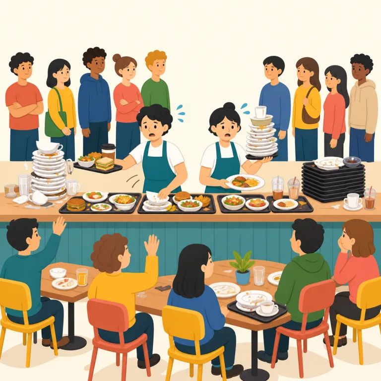 understaffed（人員不足の・形容詞）の覚え方イラスト — under- は「下回る・不足した」、staff は「職員」、-ed は「その状態になっている」