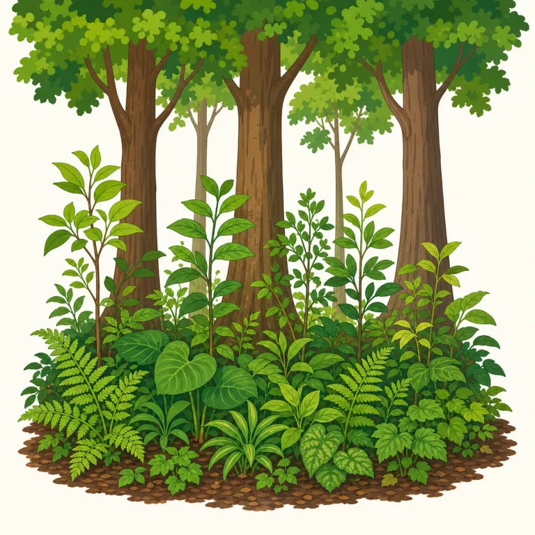 understory（下層植生・名詞）の覚え方イラスト — `under` が「下」だと分かれば、まず「上をおおう木々の層の下にある植生」と置けます