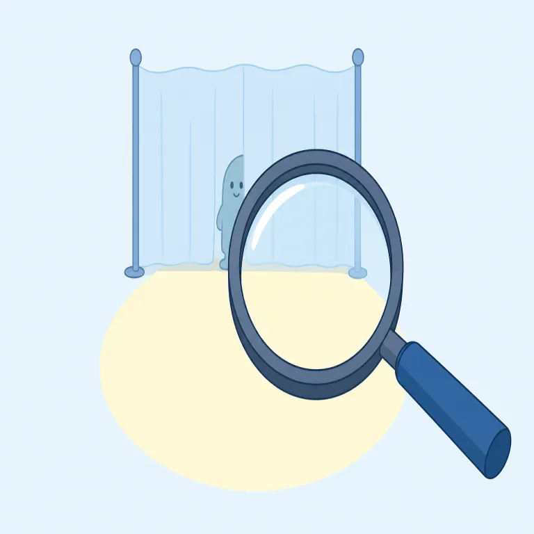 undetected（発見されない・形容詞）の覚え方イラスト — detect は「見つける、発見する」という意味で、detective「探偵」や discover と近い発想です