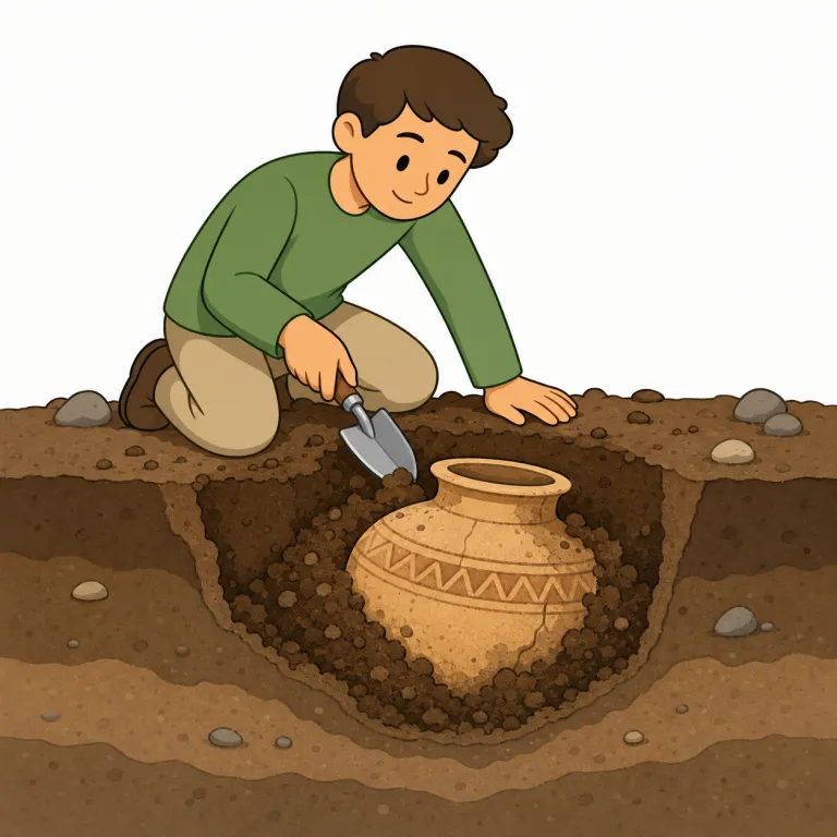 unearthing（発掘する・動詞）の覚え方イラスト — この意味の unearthing は、単に物を「掘り出す」のではなく、遺跡・化石・古文書・不正の証拠など、長く隠れていた価値あるものを見つけ出す「発掘する」という用法です