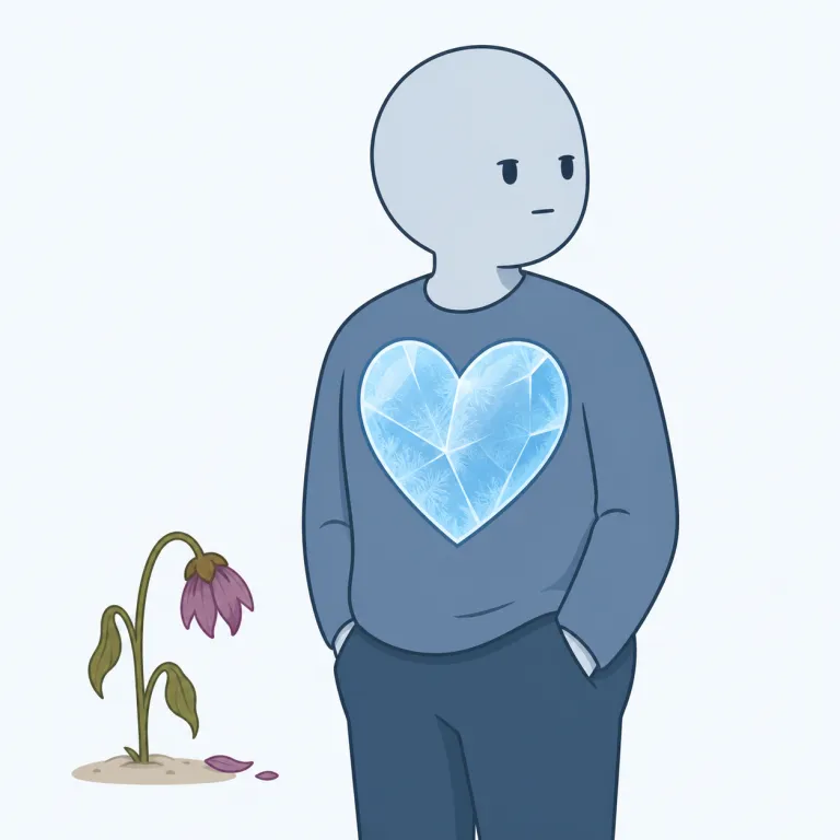 unfeeling（無感情な・形容詞）の覚え方イラスト — `unfeeling` は `un-`「ない」+ `feeling`「感情」と分け、まず「感情が見えない、感情の動きが乏しい」と押さえます