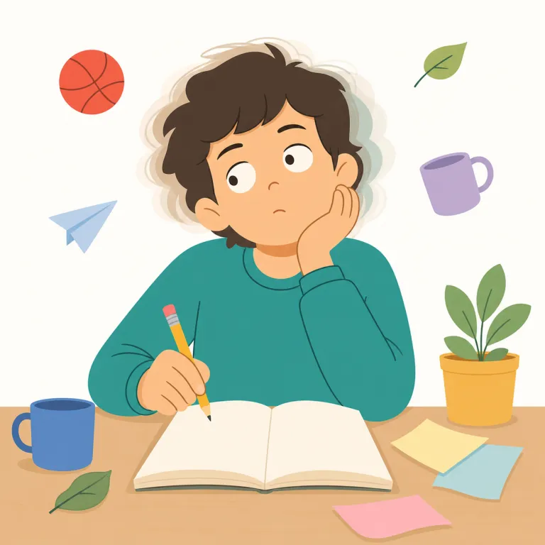 unfocused（集中していない・形容詞）の覚え方イラスト — focus は「焦点を合わせる、集中する」、focused は「集中した」です