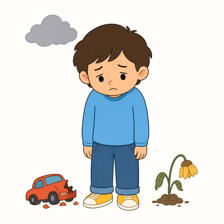unhappy（悲しい、不幸な、不満な・形容詞）の覚え方イラスト — un- は「反対・否定」、happy が分かればまず「幸せではない」と組み立てて覚えると定着しやすい語です