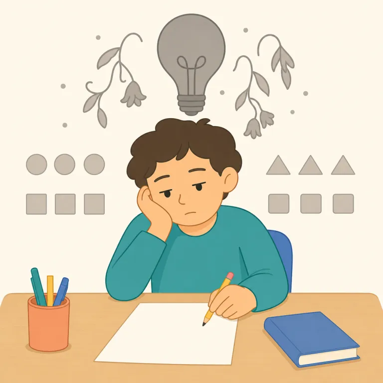 uninspired（独創性のない・形容詞）の覚え方イラスト — uninspired は un-「〜でない」＋ inspired「ひらめきを受けた」から成り、「発想や魅力が感じられない」という形容詞です