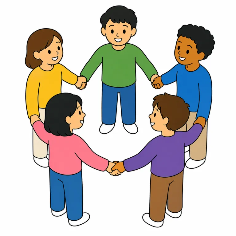 united（団結した・形容詞）の覚え方イラスト — この意味の united は、集団の中で立場や目的がそろい、ばらばらに動かず一緒に支え合う状態を表します