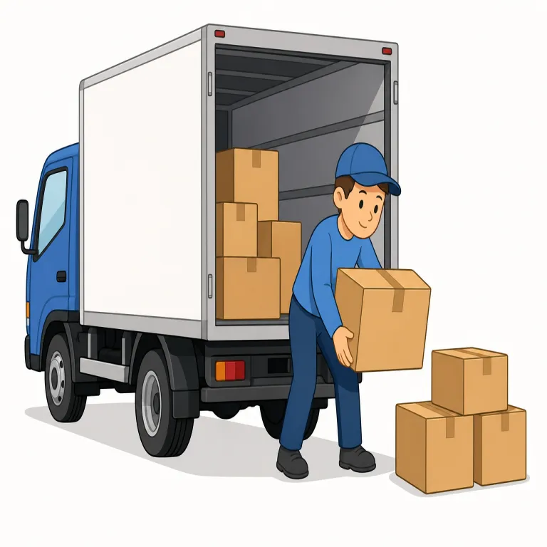 unloads（荷下ろしする・動詞）の覚え方イラスト — load は「荷を積む・載せる」