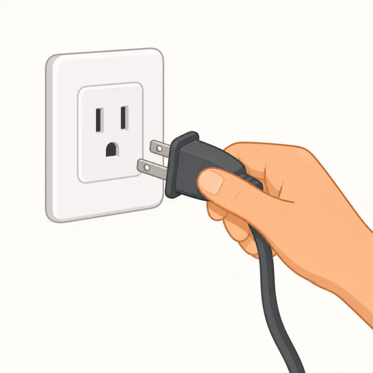 unplug（プラグを抜く・動詞）の覚え方イラスト — unplug は、差してあるプラグやケーブルを物理的に抜く動作として覚えます