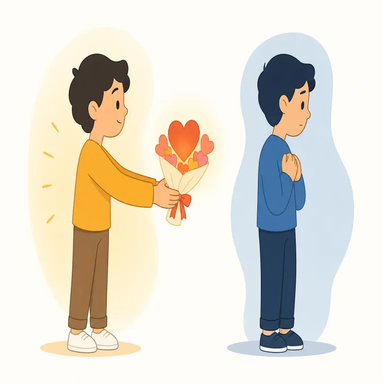 unrequited（片思いの・形容詞）の覚え方イラスト — `un-` は「〜でない」、`requite` は「返す・報いる」という意味を持つ動詞です