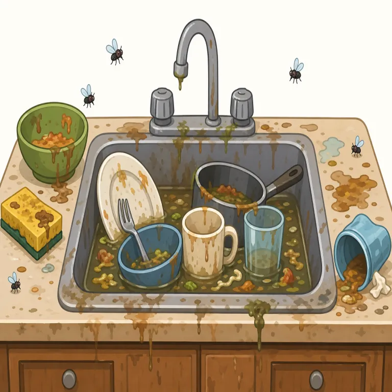 unsanitary（不衛生な・形容詞）の覚え方イラスト — まず un- が付くと「反対・よくない」にひっくり返る語が多いと押さえると、unsanitary は sanitary の逆だと見抜きやすいです