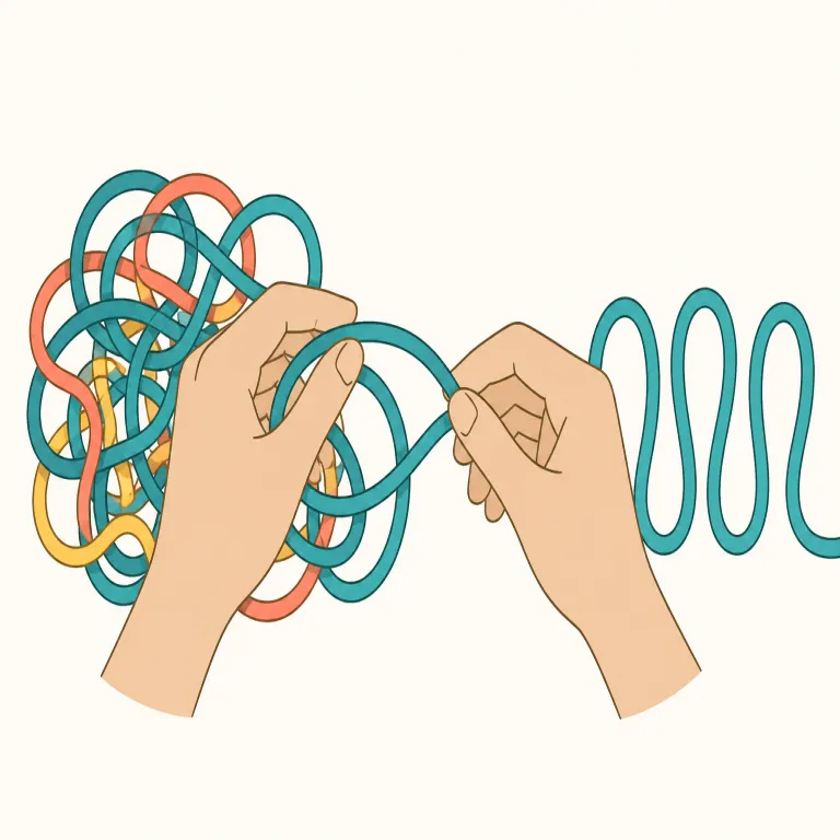 untangle（もつれを解く・動詞）の覚え方イラスト — まず中心は tangle「ごちゃごちゃに絡む」