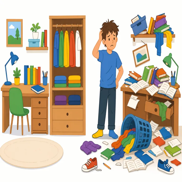 untidy（だらしない・形容詞）の覚え方イラスト — この用法では untidy を、場所が散らかっているという基本義ではなく、人の身なり、仕事ぶり、生活習慣などがきちんとしていない様子として覚えます