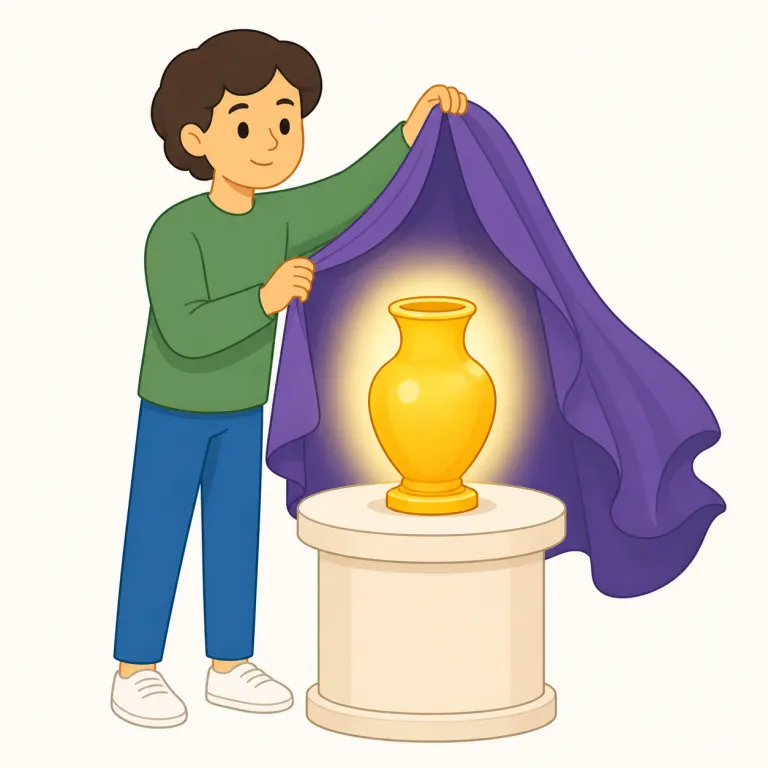 unveil（明らかにする・動詞）の覚え方イラスト — unveil の「明らかにする」は、veil「ベール」を外して隠れていたものを見えるようにする比喩として覚えます