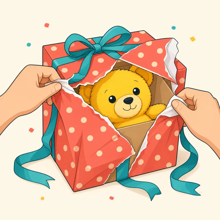 unwrap（包みを解く・動詞）の覚え方イラスト — wrap「包む・巻く」、wrapped「包まれた」、wrapper「包み紙」と同じ仲間だと押さえると記憶しやすい語です
