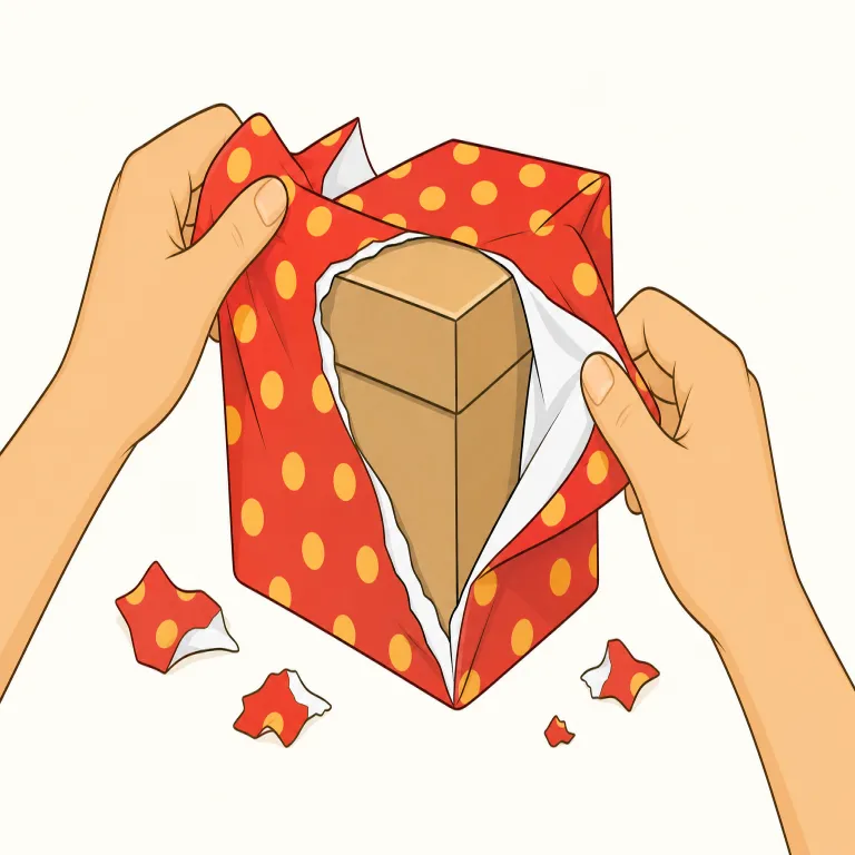 unwrapping（包装を解く・動詞）の覚え方イラスト — "un-" は「逆・外す」、"wrap" は「包む」