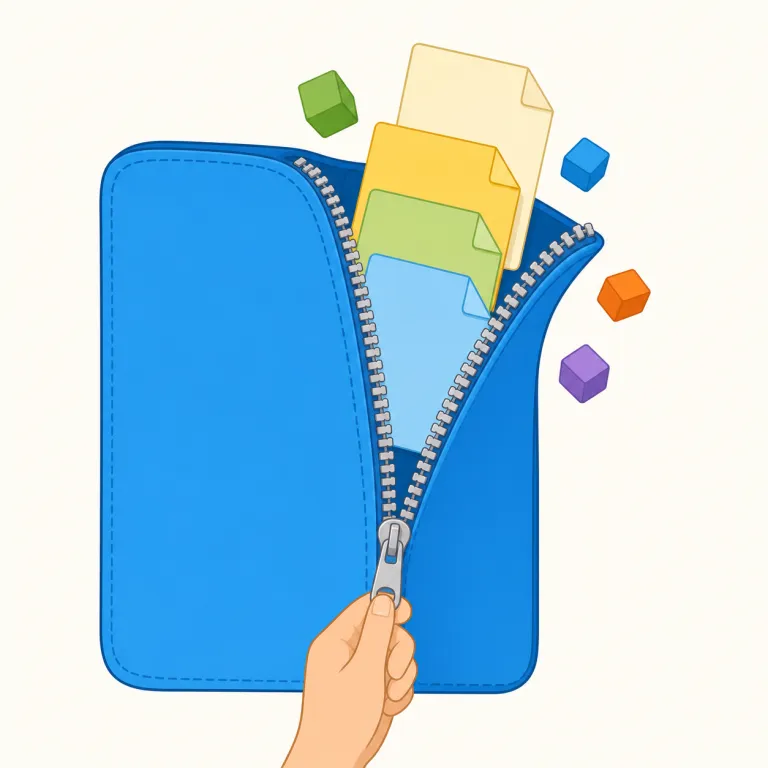unzip（（ジッパーを）開ける、（圧縮ファイルを）解凍する・動詞）の覚え方イラスト — zip が「閉じる・圧縮する」側なら、unzip はその反対で「閉じたものを開く・圧縮をほどく」側だと対で覚えると定着しやすいです