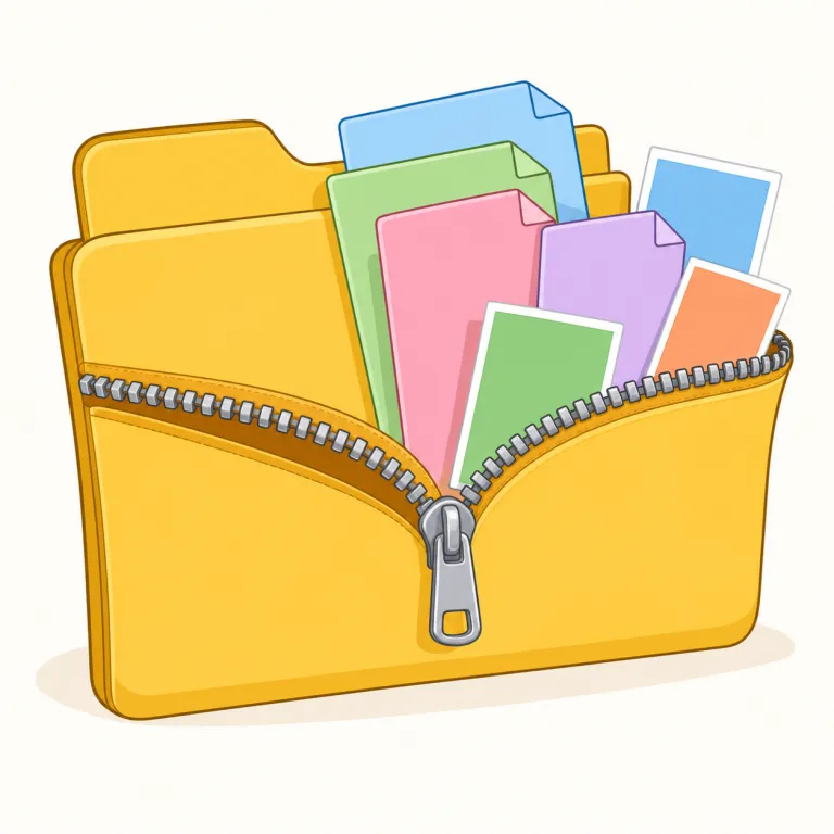 unzipping（ファイルを解凍する／ジッパーを開ける・動詞）の覚え方イラスト — まず zip を「ジッパーを閉める／圧縮する」の中心語として押さえると覚えやすいです